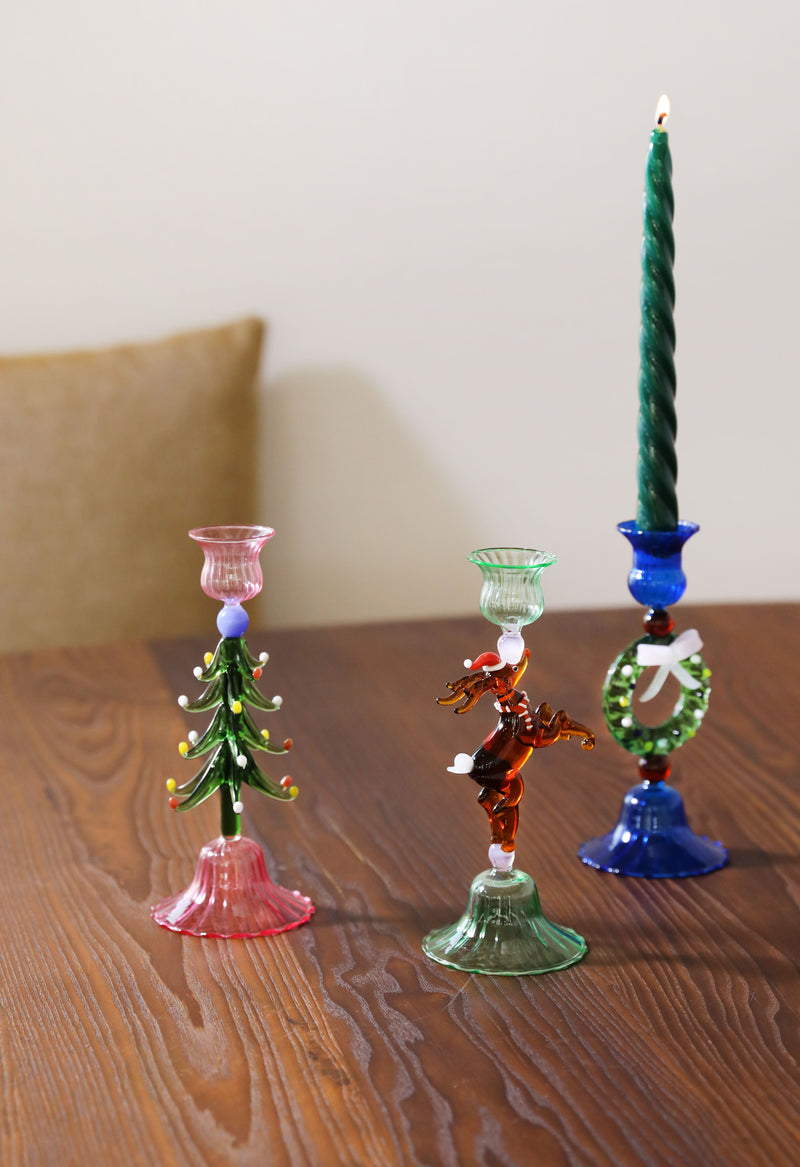 Xmas Tree hand-blown Glass candle holder, pink & green