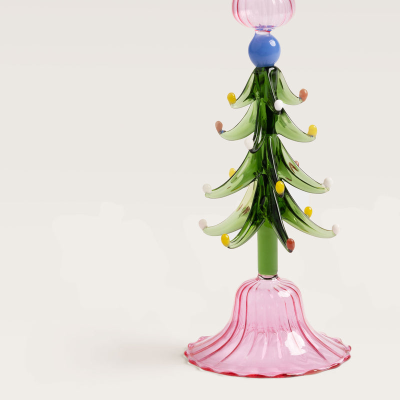 Xmas Tree hand-blown Glass candle holder, pink & green