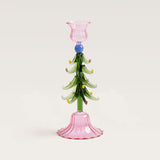 Xmas Tree hand-blown Glass candle holder, pink & green