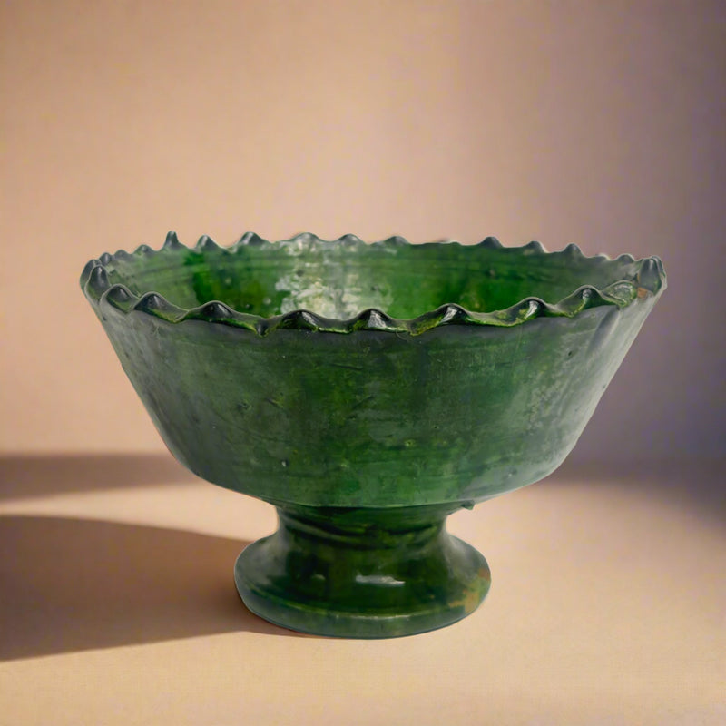 Moroccan Tamegroute Green Glazed pedestal bowl