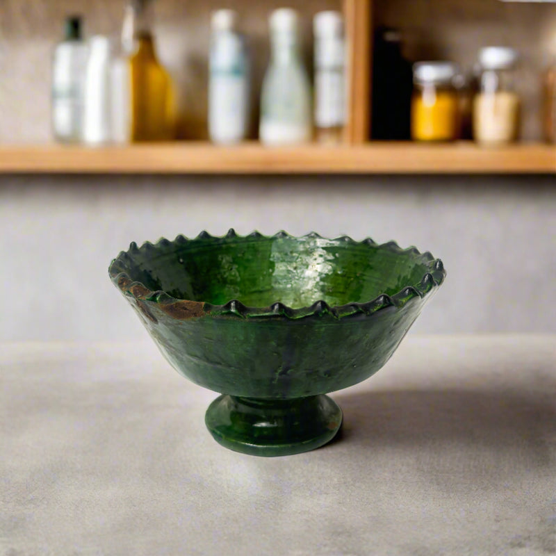 Moroccan Tamegroute Green Glazed pedestal bowl