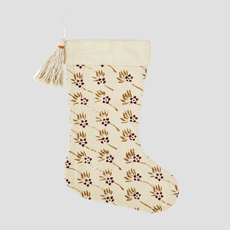 Printed Christmas stocking with tassel, off-white