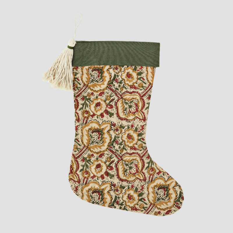 Printed Christmas stocking with tassel, green